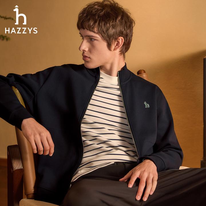 HAZZYS哈吉斯秋季老钱风休闲夹克衫男士立领针织开衫商务运动外套