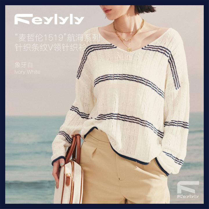 FEYLYLY 麦哲伦1519航海系列针织条纹V领针织衫女士时尚宽松休闲