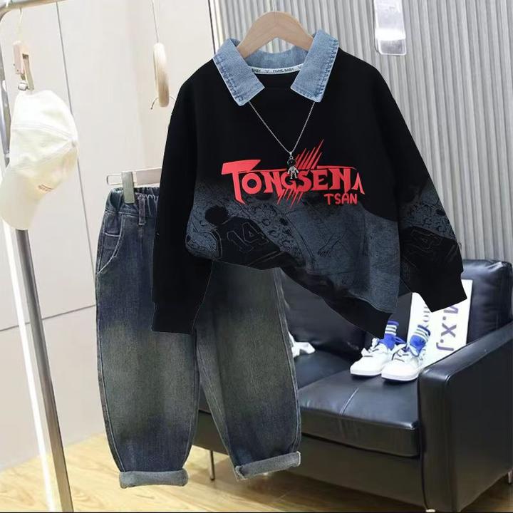 2025男童外穿牛仔领印花卫衣新款儿童春秋季痞帅上衣大童洋帅气