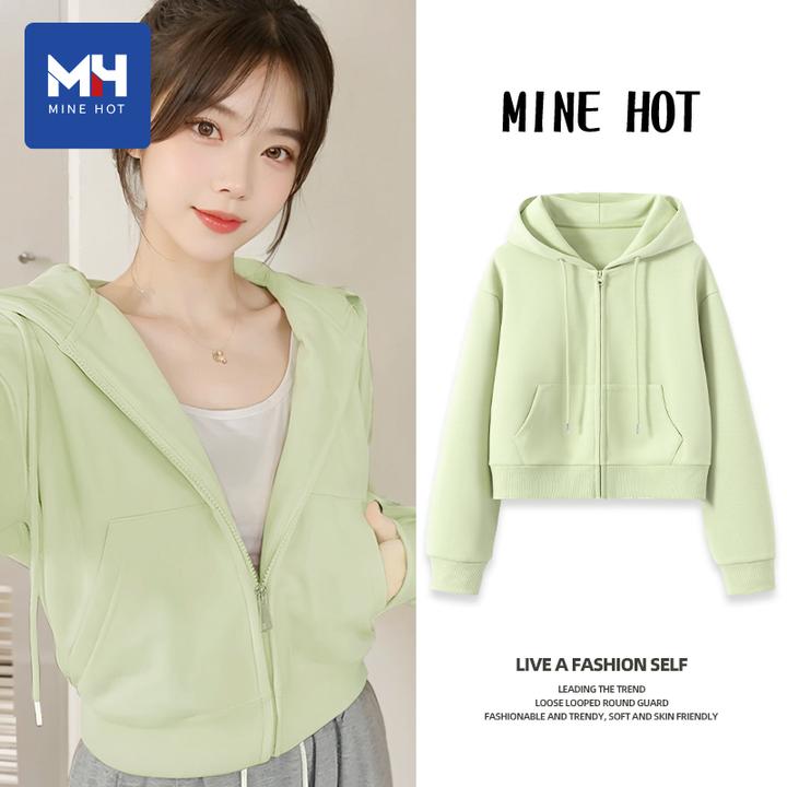 唐狮集团MH连帽卫衣女秋2025新款小个子豆绿色开衫短款拉链外套H
