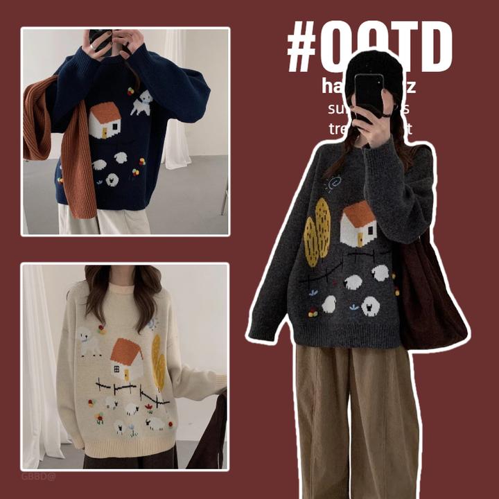 孕妇装慵懒风毛衣女秋冬装ins卡通长袖打底保暖外穿上衣