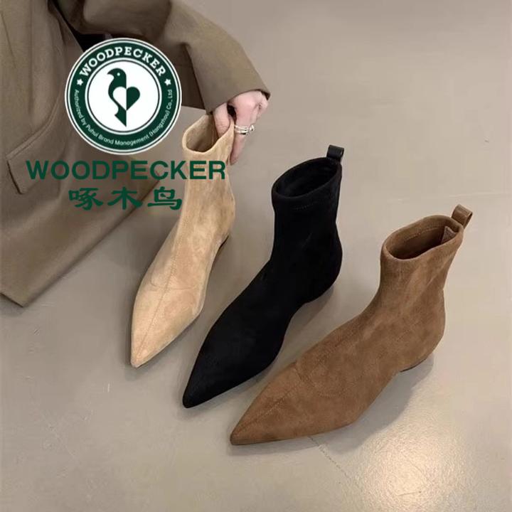 啄木鸟2025秋冬新绒面内增高短靴网红韩系尖头时尚百搭弹力瘦瘦靴