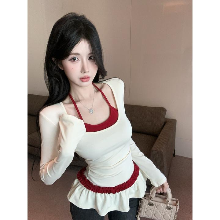 拼接设计荷叶边下摆长袖t恤女2025假两件芭蕾风撞色叠穿打底上衣