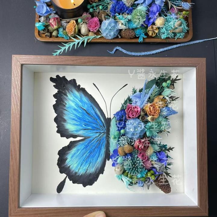 生日快乐永生花蝴蝶成品 玫瑰礼物定制相框 蝴蝶干花10寸成品