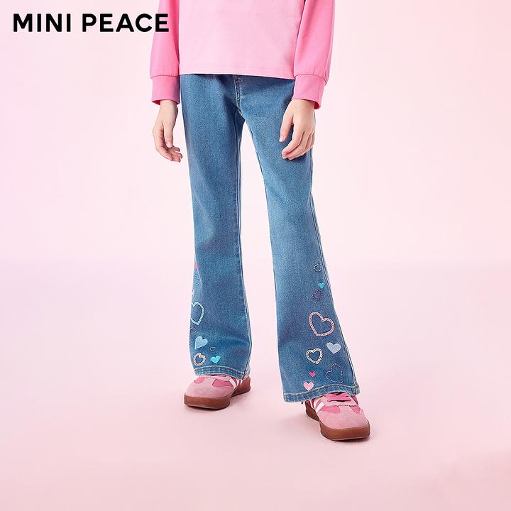MINIPEACE太平鸟童装女童牛仔喇叭裤秋季新款亮片爱心儿童长裤