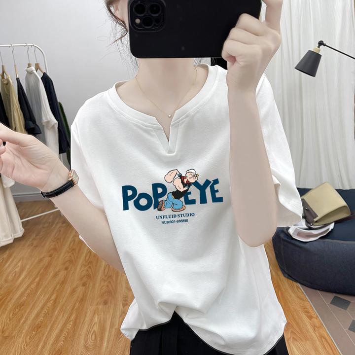 时尚小V领短袖T恤女2025夏装韩系宽松减龄上衣印花复古半袖体恤衫