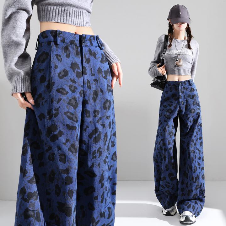 jss5337美式豹纹休闲裤女2025秋冬宽松显瘦百搭直筒阔腿牛仔裤