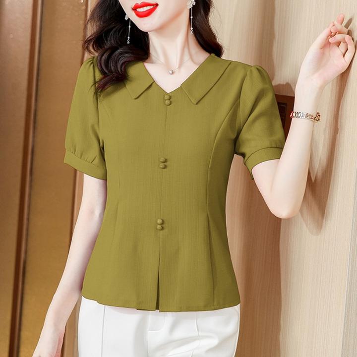 雪纺衫女夏季2025年新款中年妈妈娃娃领短袖气质收腰休闲短款衬衫