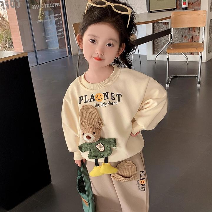 女童秋款套装2025新款儿童立体装饰休闲小熊卫衣女孩春秋季两件套