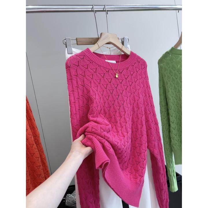 轻柔舒适 薄款圆领提花勾花镂空长袖针织衫女春秋内搭打底上衣