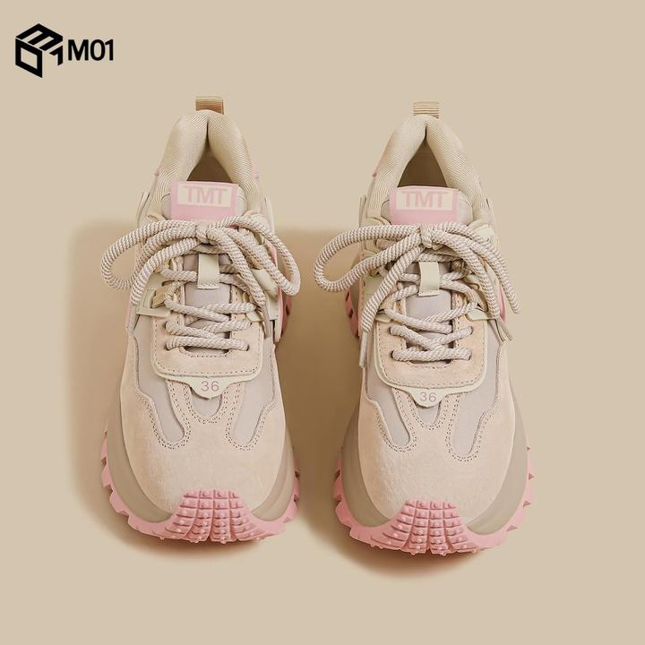 M01秋季新款厚底阿甘鞋女粉色拼接运动慢跑鞋果冻底休闲老爹潮鞋