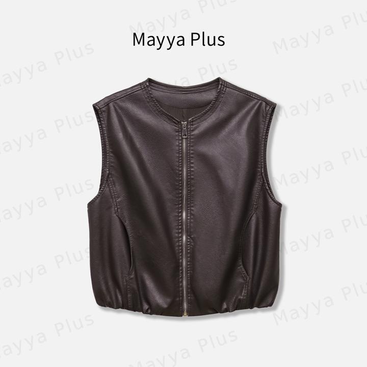 【枫糖拿铁】Mayya Plus麦芽定制复古皮革马夹女士外套上衣32536378