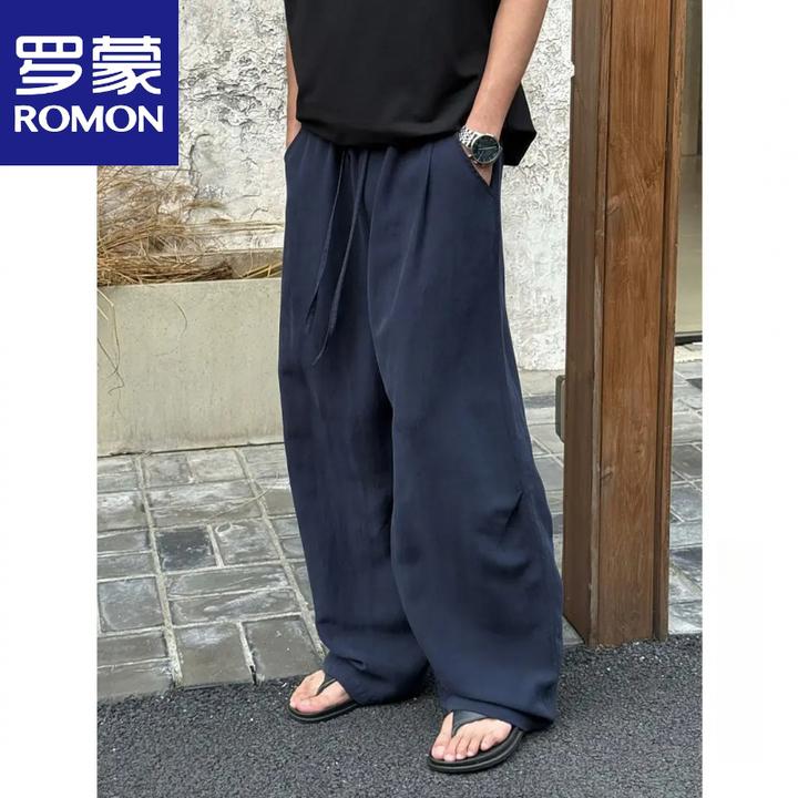 罗蒙莱赛尔天丝亚麻混纺松弛垂感休闲拖地弯刀裤男女长裤薄款潮流