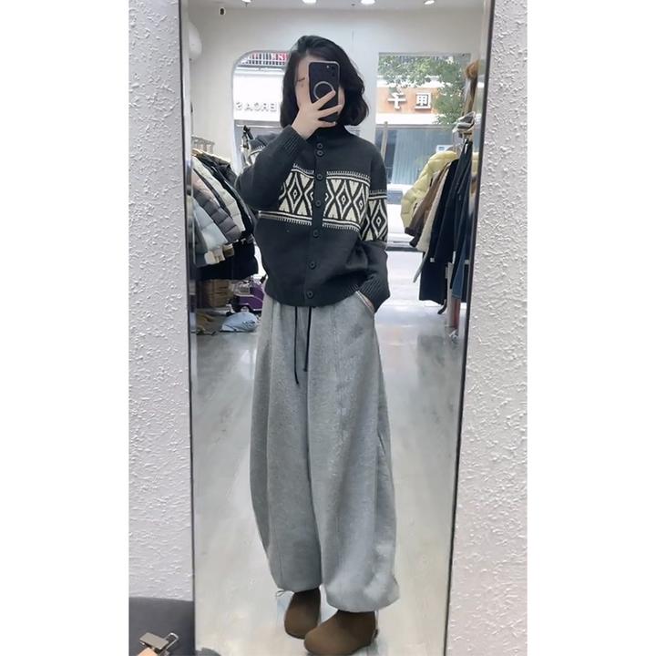 2025秋冬新款韩系穿搭圆领修身长袖毛衣上衣高腰显瘦系带阔腿长裤