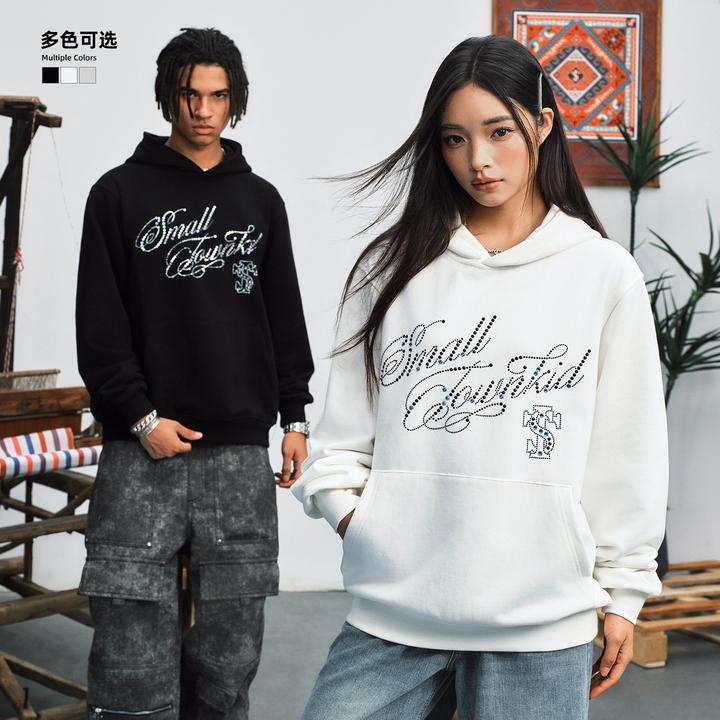 STK SmallTownKid珠宝花体字母连帽卫衣美式复古男女潮流帽衫外套