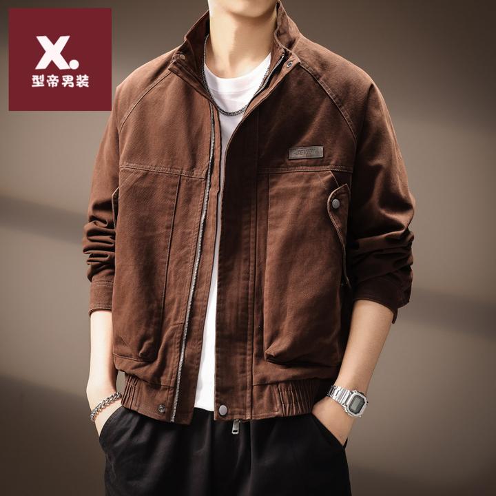 高端美式复古纯棉耐磨工装外套男秋季新款潮牌宽松男士立领夹克