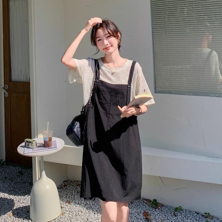 黑色假两件拼接连衣裙女小个子2025款法式气质减龄中长T恤裙