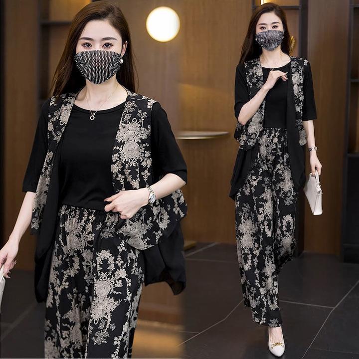 三件套时尚设计感优雅夏季大码女装胖妹妹宽松遮肉减龄阔腿裤套装