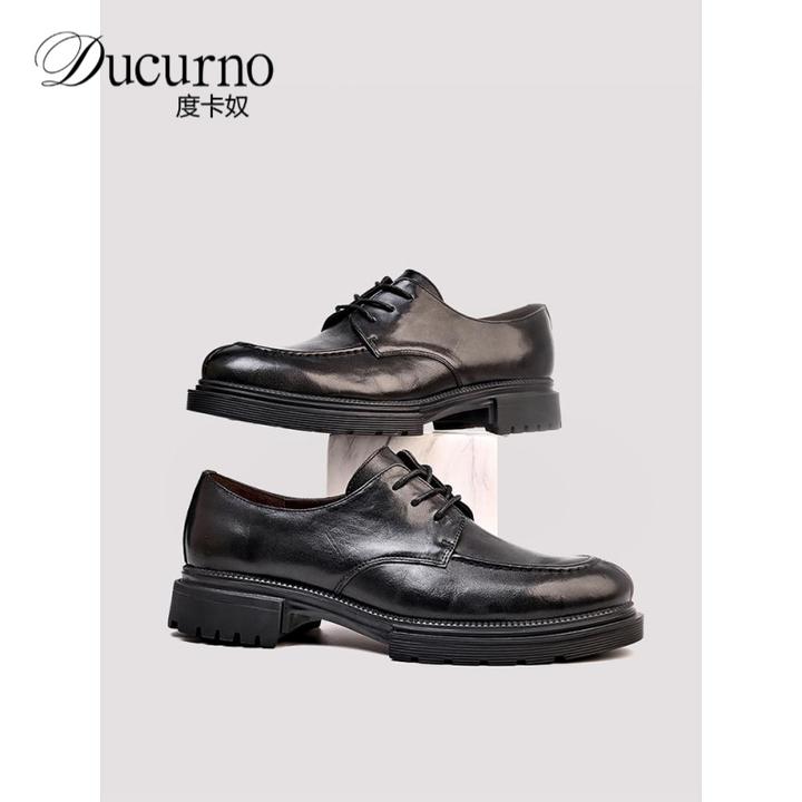 男士秋季商务休闲皮鞋黑色新款透气德比鞋高端系带平底英伦德比鞋