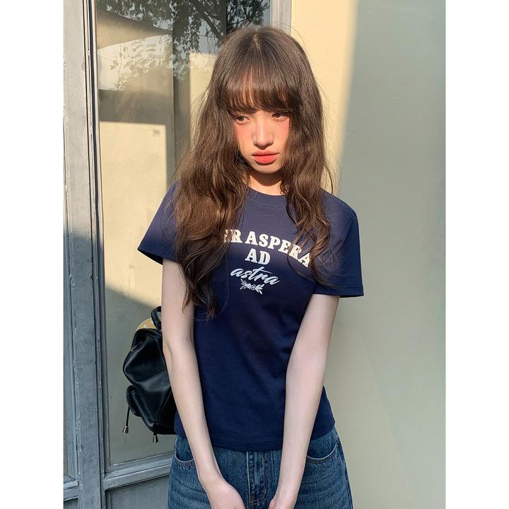 你好卡农 简约撞色字母印花修身短袖t恤女夏2025新款圆领正肩上衣
