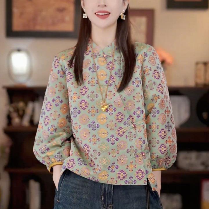 洋气印花通勤气质长袖文艺打底衫2025秋季新款新中式国风减龄上衣