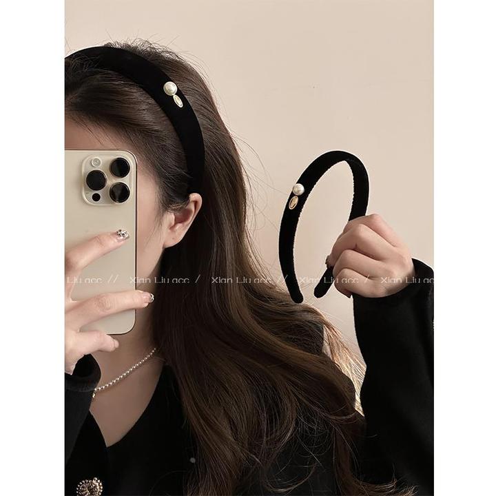 黑色丝绒珍珠发箍女2025新款简约气质洗脸头箍感洋气时尚发饰