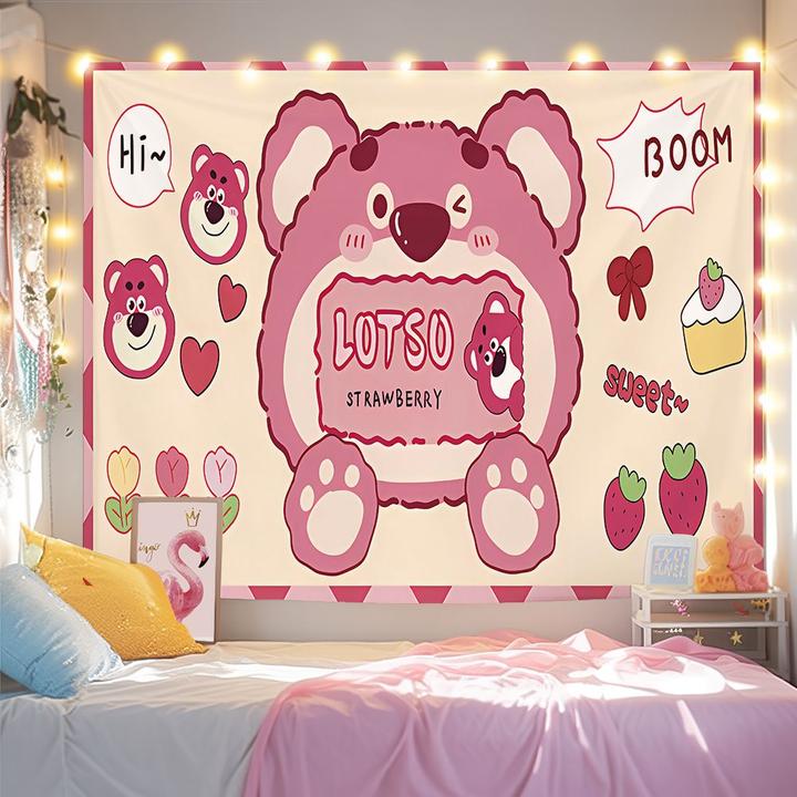 卡通可爱少女背景草莓熊学生宿舍墙房间床头卧室装饰墙布挂毯挂布