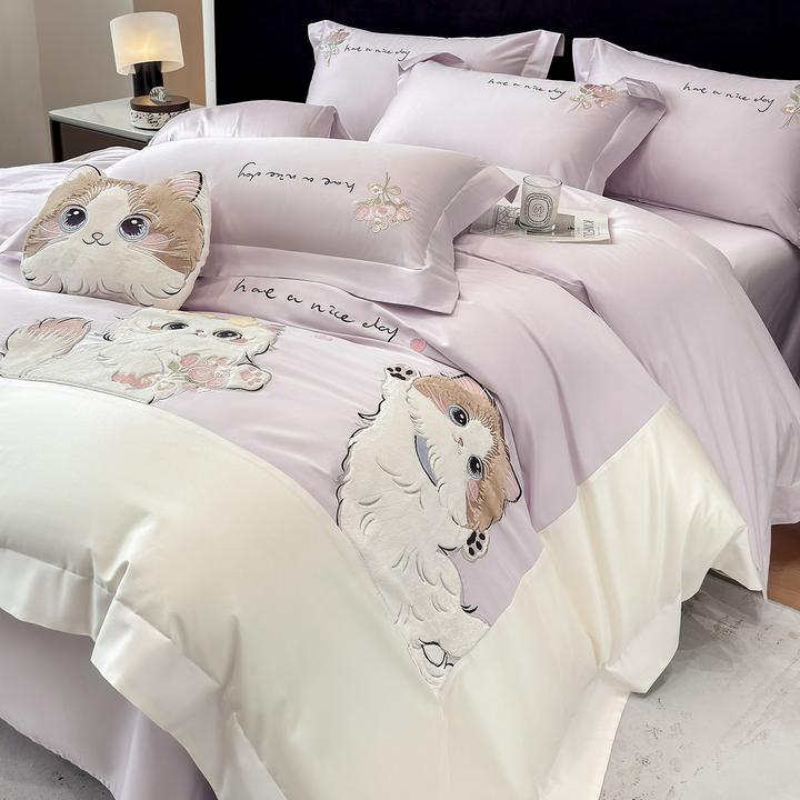 可爱卡通风100支长绒棉四件套超柔毛巾刺绣全棉被套纯棉床上用品4