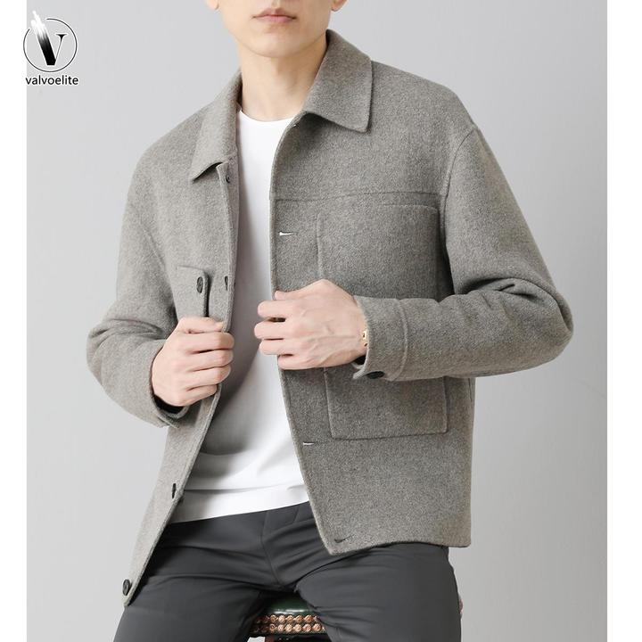 VALVOELITE春秋短款毛呢大衣男高端双面羊毛尼男士修身翻领外套暖