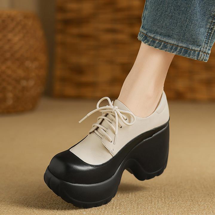 小个子10cm坡跟单鞋女防水台高跟鞋时尚拼色真皮圆头系带厚底皮鞋