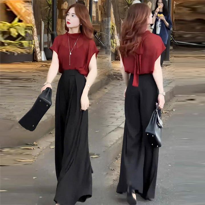 经典复古港风套装女士2025夏季新款气质雪纺上衣阔腿裤两件套女