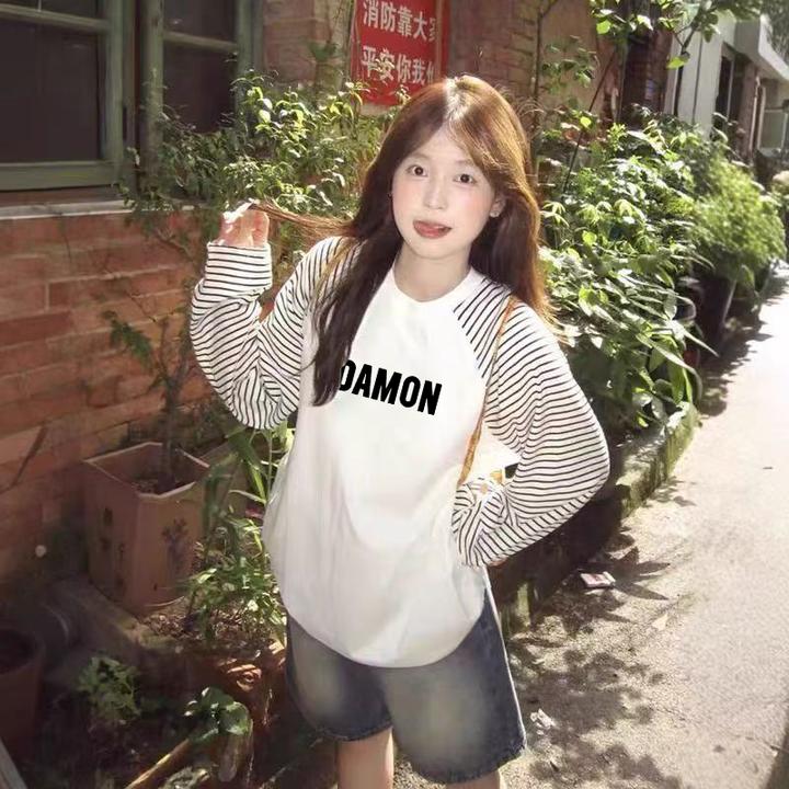 美式复古插肩长袖t恤女秋冬穿搭拼接条纹打底衫宽松学院风上衣潮