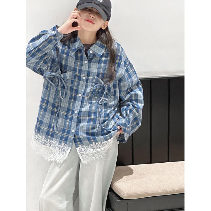 K29420孙小美蕾丝边女童格子衬衫2025秋装新款儿童上衣春秋外套潮