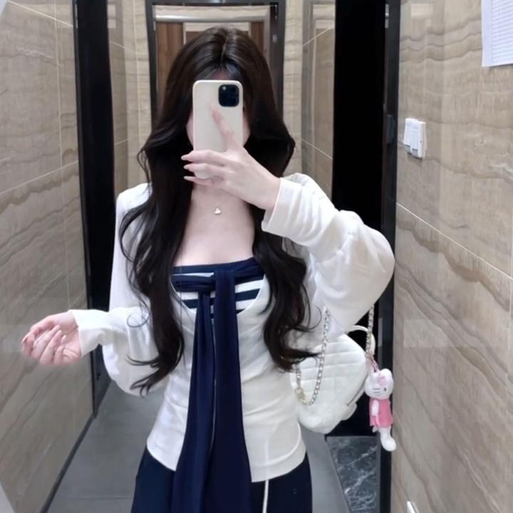 C545+C546韩系小众慵懒风条纹抹胸背心罩衫两件套女