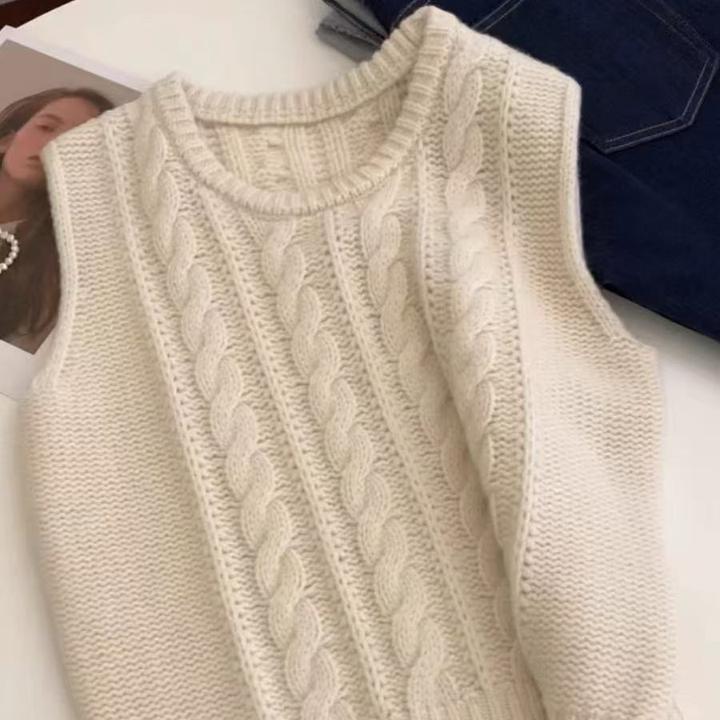 秋冬季100%纯羊毛马甲女圆领加厚绞花套头坎肩宽松叠穿马夹TTY759