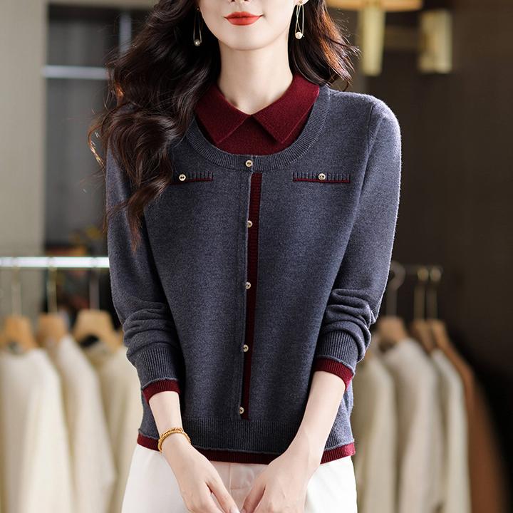 假两件上衣时尚洋气妈妈秋冬2025新款中老年气质翻领针织打底衫女
