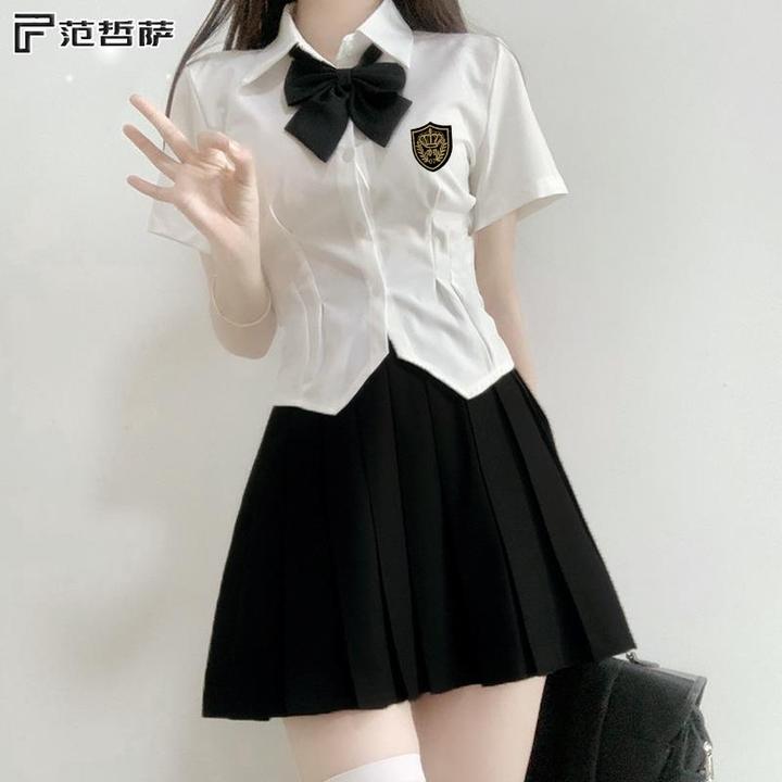FANZHESAjk制服套装短袖衬衫女夏款收腰白色衬衣设计感小众短款小