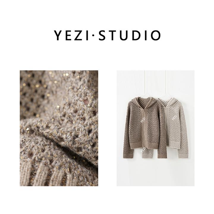 【优雅老钱】700g珠片镂空德国三针织机双头拉链连帽开衫25319005