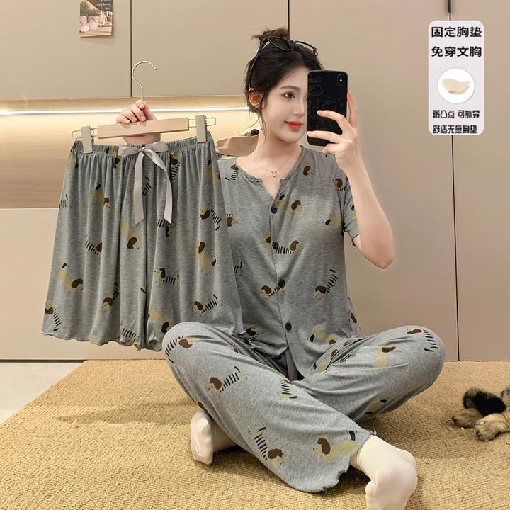 夏季腊肠狗女大睡衣女款短袖长裤学生慵懒风莫代尔家居服三件套装