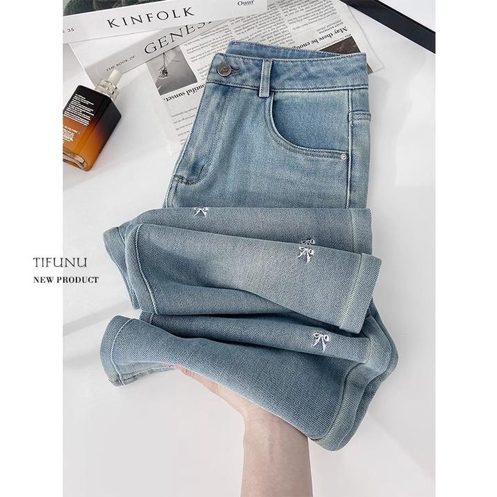 蓝色刺绣窄版阔腿裤女2025春季新款时尚牛仔裤高腰时尚显瘦直筒裤