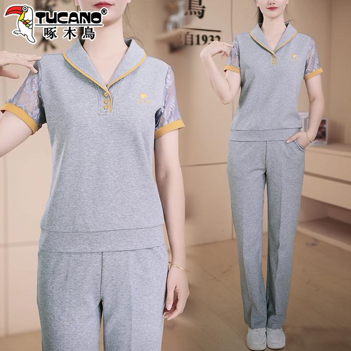 啄木鸟休闲运动套装女2025新款夏季中老年人洋气灰色短袖妈妈夏装