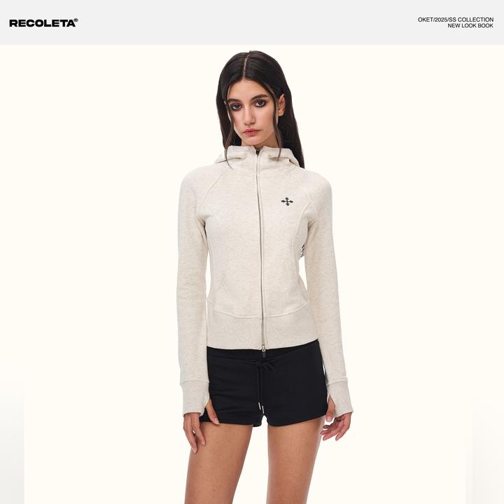 RECOLETA复古运动美式辣妹拉链开衫连帽卫衣女收腰显瘦上衣春季