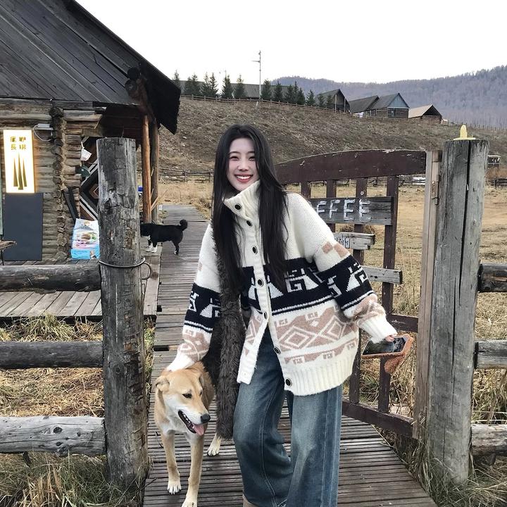 韩系慵懒风新款费尔岛提花毛衣羊圈圈纱几何撞色针织毛衣开衫外套