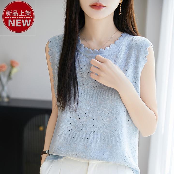 哥弟阿玛施正品轻奢气质精纺圆领花边重工浮雕镂空休闲无袖针织衫
