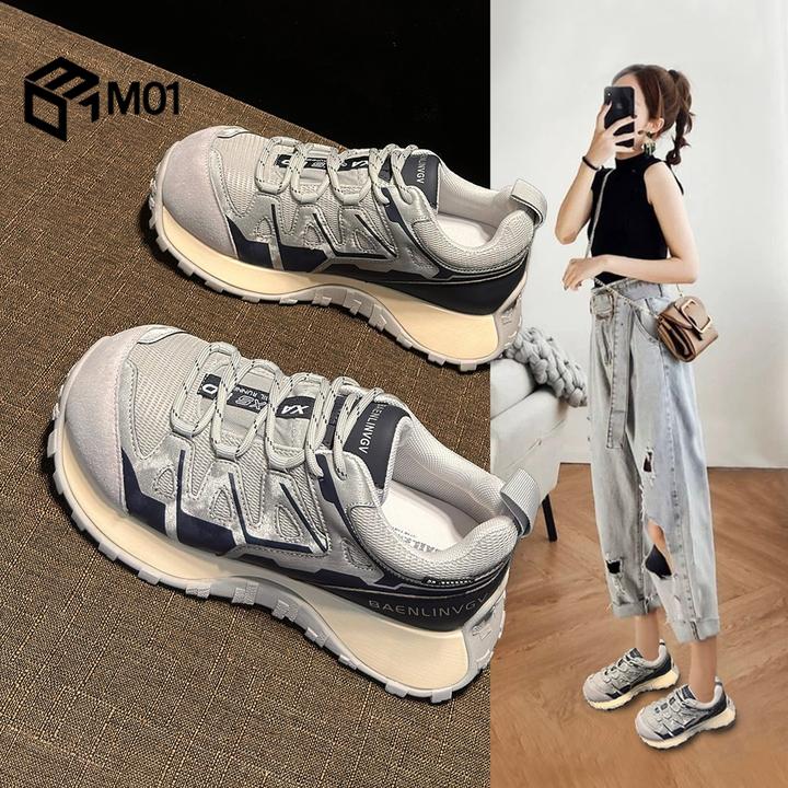 M01厚底老爹鞋女2025新款秋季百搭休闲拼色运动鞋户外轻便登山鞋