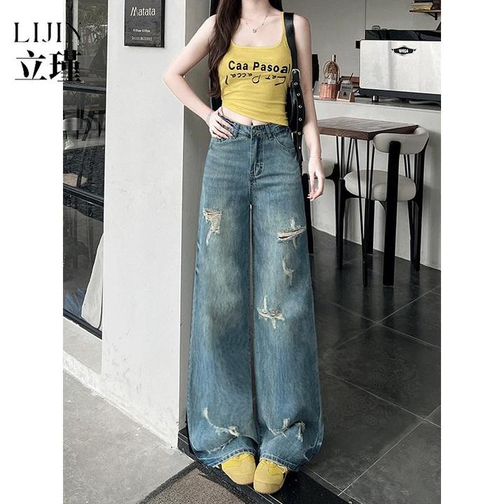 覆古破洞直筒牛仔裤女2025秋季新款高腰宽松垂感小个子阔腿拖地裤