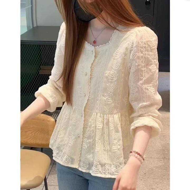 百搭方领蕾丝刺绣衬衫2025秋季新款小衫韩版气质宽松显瘦长袖上衣