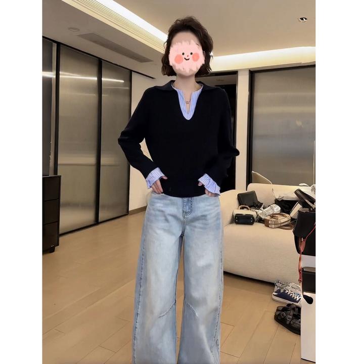 春季绝美女装洋气休闲拼接V领针织衫2025别致牛仔裤两件套百搭