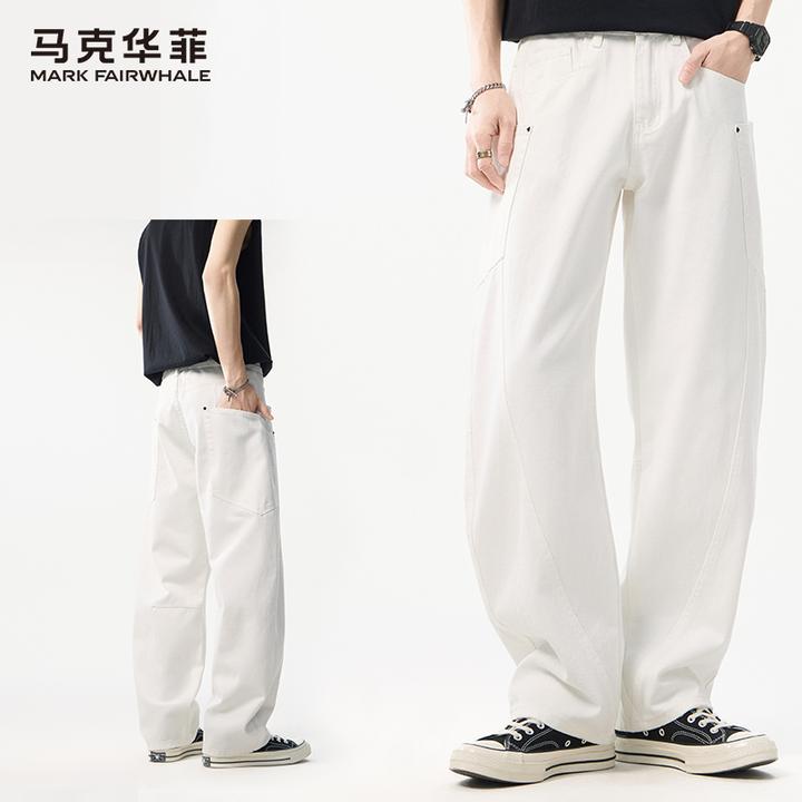 马克华菲夏季新款垂感工装白色牛仔裤男士美式宽松弯刀休闲长裤子