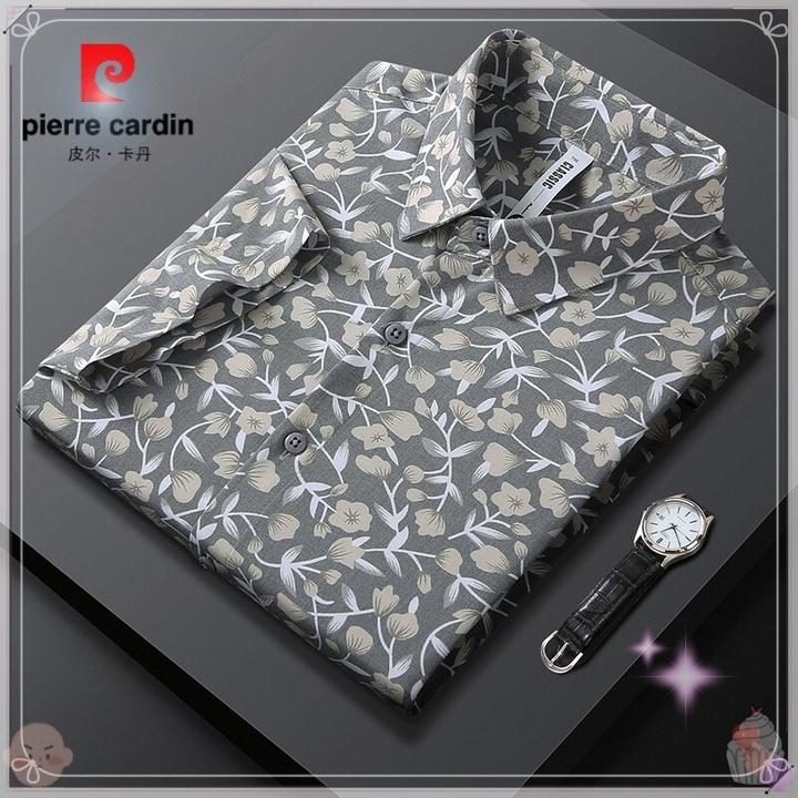 皮尔卡丹夏季新品短袖抗皱衬衫男士青年宽松百搭修身冰丝印花衬kQ